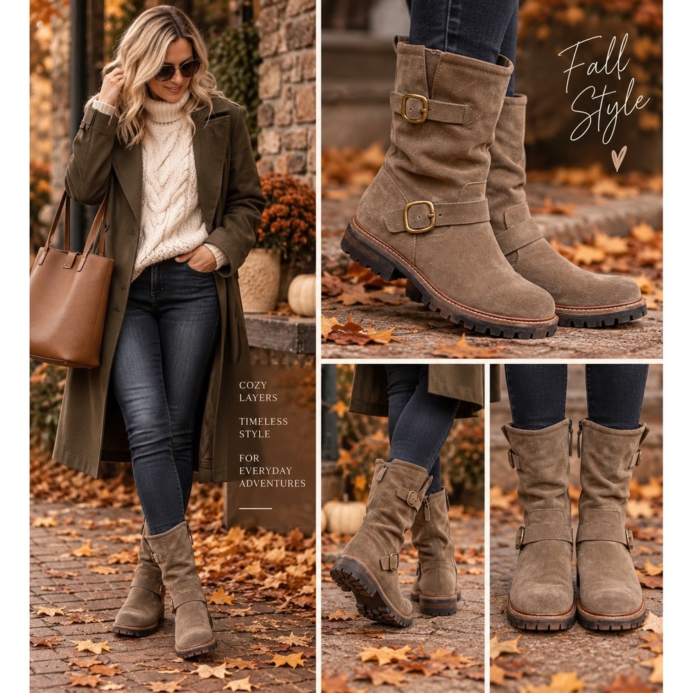 Sofft Waterproof Moto Boots Women 10M Oak Brown NIB Faux Suede Leather Lug Sole